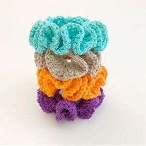 Hand Crafted Crochet Scrunchies Pack of 4 Purple Orange Tan Blue